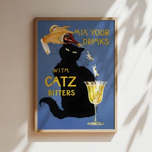 Catz Bitters Kunstdruck Poster Leinwand, Blaue Katzen Poster, Küche Wohnkultur, Schwarze Katzen Liebhaber Drucke, Kätzchen, Vintage Wein Poster