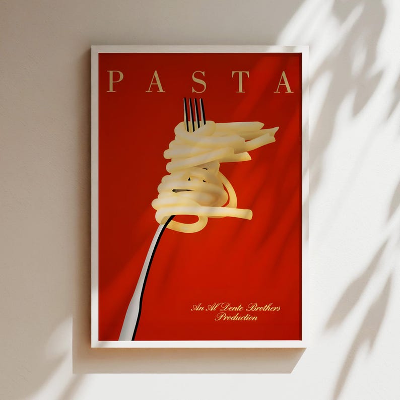 The image is a framed poster featuring a close-up of a fork with spaghetti noodles on a red background.