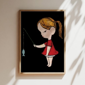 Nara Art Print - Nara Nachtangeln Poster - Nara Mädchen im roten Kleid Angeln Wand Kunst Druck, Japanisches Poster, Geschenke für Anime Liebhaber