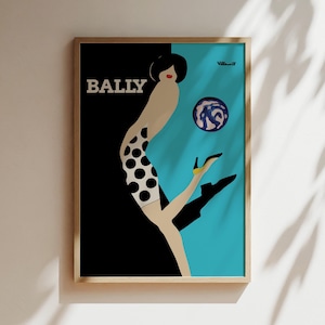 Bally Kick Teal Vintage Wandkunst, Vintage Werbeplakat, Luxus Old Fashion Leinwand, Druck, gerahmt, Retro Schuh Werbung, dunkles Haar