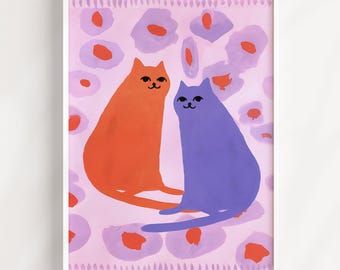 Twin Cats Pink and Purple Watercolour Wall Art -  Art Print Poster, Canvas or Frame