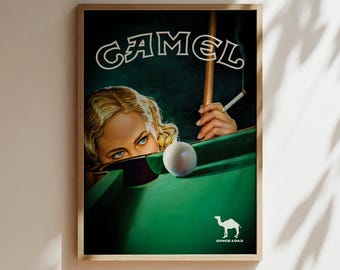 Vintage Camel Cigarettes Poster: Billiards Camel Smokes Wall Art Print Poster Canvas or Framed, Home Decor