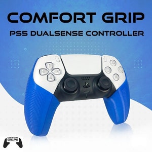 May include: A blue and white PlayStation 5 DualSense controller with a blue comfort grip attachment. The grip is textured and covers the back of the controller.