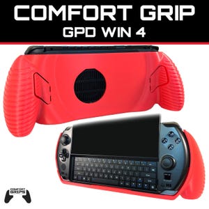May include: Red Comfort Grip for GPD WIN 4 handheld gaming device. The image shows the device with a red grip attached, featuring a keyboard and screen. The text "COMFORT GRIP" and "GPD WIN 4" are visible.