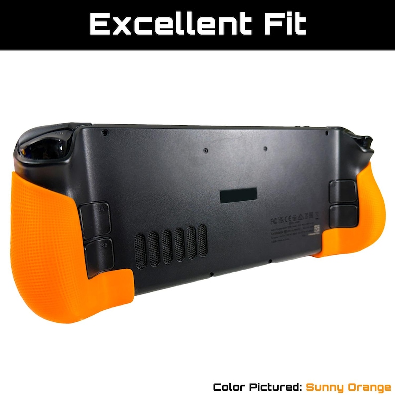 May include: Black handheld gaming device with sunny orange grips. The grips have a textured surface. The text "Excellent Fit" is at the top of the image. The color is described as "Sunny Orange".