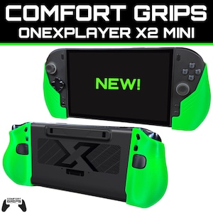Pode incluir: Pegas de conforto em verde néon brilhante para a consola de jogos portátil Onexplayer X2 Mini. O dispositivo apresenta um corpo preto com pegas laterais verdes vibrantes, um ecrã com o texto NEW! e um painel traseiro com um logótipo X.