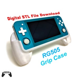 May include: A white and blue handheld gaming console with a white grip case. The console has a blue screen and the text "ANBERNIC" is visible on the bottom right corner. The text "RG505 Grip Case" is written in blue letters on a white background. The text "Digital STL File Download" is written in red letters on a white background.