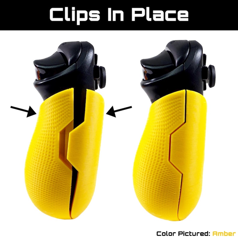 May include: Two black and yellow game controller grips. The grips are amber-colored and feature a textured surface. The text "Clips In Place" is at the top of the image. The text "Color Pictured: Amber" is at the bottom of the image.