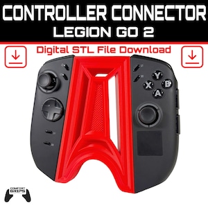 Puede incluir: Conector de controlador negro y rojo para Legion Go 2. La imagen muestra un primer plano del controlador con el texto "CONTROLLER CONNECTOR LEGION GO 2" y "Digital STL File Download". El controlador tiene botones etiquetados X, Y, A y B.