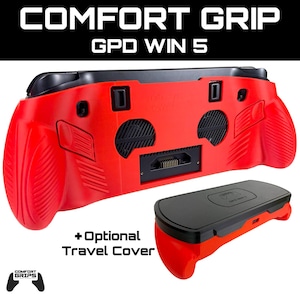 May include: A bright red comfort grip accessory for the GPD WIN 5 handheld gaming device. The grip features textured handles, ventilation cutouts, and a central port opening. An optional black travel cover is shown separately for the device.