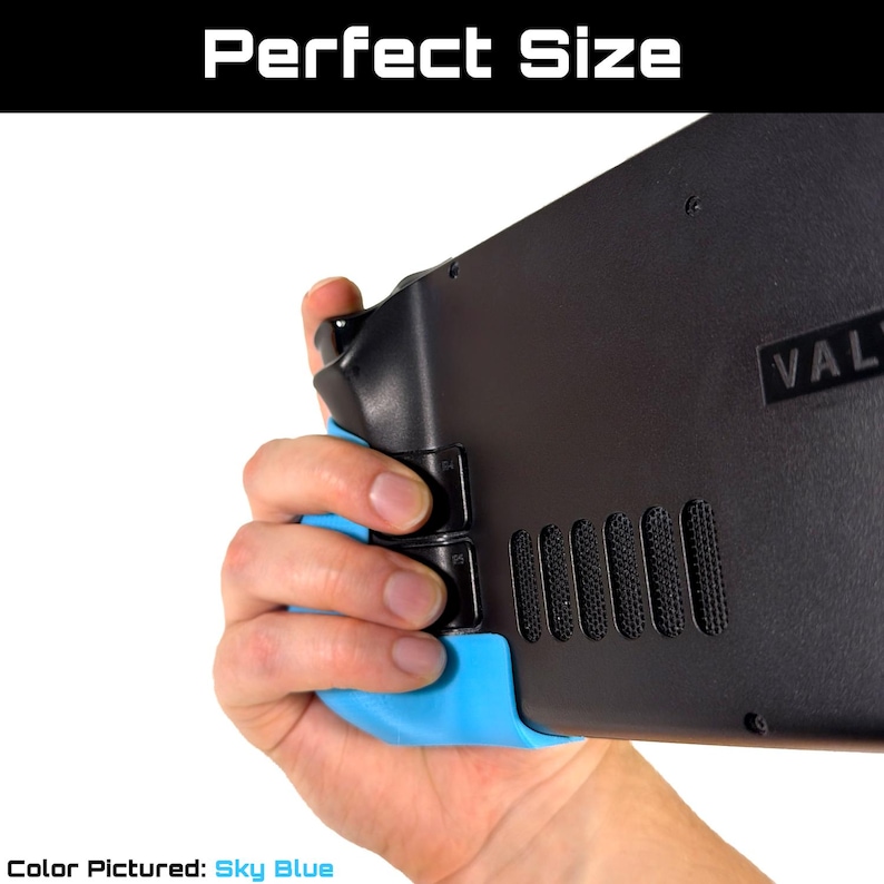 May include: A black handheld gaming device with a sky blue grip. The text "Perfect Size" is at the top of the image. The text "Color Pictured: Sky Blue" is at the bottom of the image.