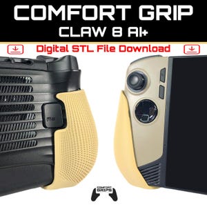 Può includere: Immagine di un'impugnatura per controller di gioco nera e beige con il testo "COMFORT GRIP CLAW 8 AI+" e "Digital STL File Download". L'impugnatura ha un'impugnatura strutturata color beige ed è progettata per migliorare il comfort di gioco.