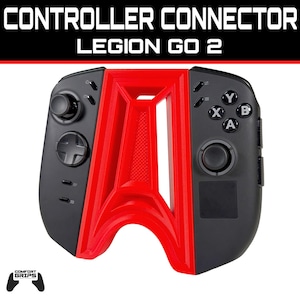 May include: Black and red controller connector for Legion Go 2. The controller has a red center piece and black sides. The top of the image has the words "CONTROLLER CONNECTOR" and "LEGION GO 2" in white text on a black background. The bottom left corner has the words "COMFORT GRIPS" and a logo.