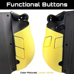 May include: Two black and yellow game controller grips. The grips are lemon yellow with textured surfaces and two rectangular buttons. The top of the grips are black. The text "Functional Buttons" is at the top of the image, and "Color Pictured: Lemon Yellow" is at the bottom.