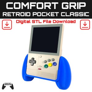 May include: A handheld gaming device with a black screen, off-white body, and blue grips. The device has a directional pad, buttons, and the text "COMFORT GRIP RETROID POCKET CLASSIC Digital STL File Download".