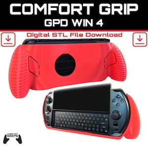 Op de afbeelding: Een rode Comfort Grip voor de GPD WIN 4 handheld gaming pc. De afbeelding toont de grip bevestigd aan het apparaat, met de tekst "Digital STL File Download" en het Comfort Grips logo. De grip heeft getextureerde handgrepen en een ventilatie.