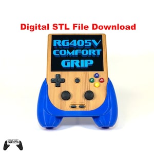 May include: A blue and wood 3D printed handheld game console grip for the RG405V. The grip has a wood finish and blue handles. The screen displays the text "RG405V COMFORT GRIP".