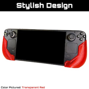 May include: A black handheld gaming device with a transparent red grip. The screen is black, and the device has buttons and joysticks on either side. The text "Stylish Design" is at the top, and "Color Pictured: Transparent Red" is at the bottom.