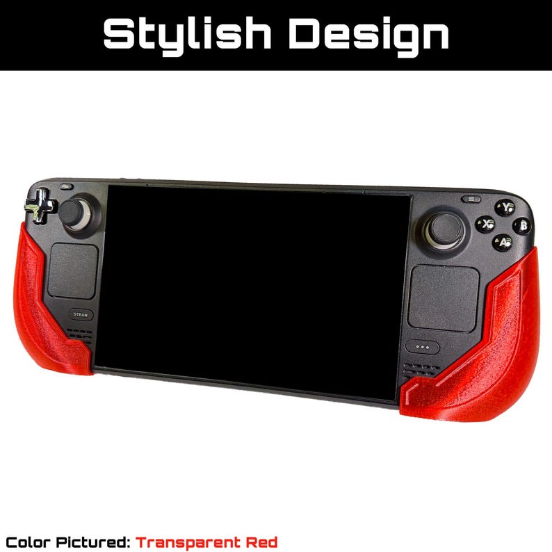 May include: A black handheld gaming device with a transparent red grip. The screen is black, and the device has buttons and joysticks on either side. The text "Stylish Design" is at the top, and "Color Pictured: Transparent Red" is at the bottom.