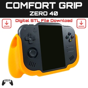 Puede incluir: Un dispositivo de juego portátil negro con un agarre naranja. El dispositivo tiene una pantalla, botones y un panel direccional. Se muestra el texto "COMFORT GRIP ZERO 40" y "Digital STL File Download".