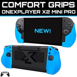 May include: A black handheld gaming console with bright blue ergonomic comfort grips attached to the sides. The screen displays the text NEW! in blue. The back of the device features a black panel with a textured vent and a large X logo.