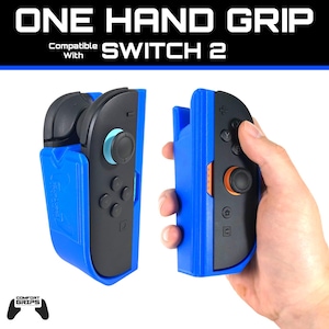 May include: A blue and black one-hand grip for a Switch 2 controller. The grip has the text "ONE HAND GRIP" and "Compatible With SWITCH 2" in white. The controller has black buttons and a blue joystick.