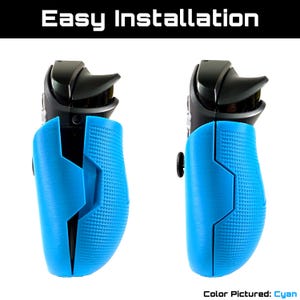 May include: Two cyan-colored controller grips are shown side-by-side against a white background. The grips are designed to fit a controller, with a textured surface for enhanced grip. The text "Easy Installation" is displayed at the top.