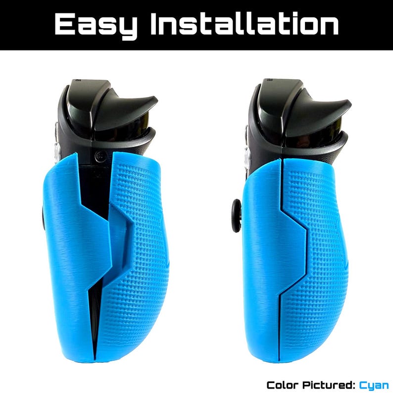 May include: Two cyan-colored controller grips are shown side-by-side against a white background. The grips are designed to fit a controller, with a textured surface for enhanced grip. The text "Easy Installation" is displayed at the top.