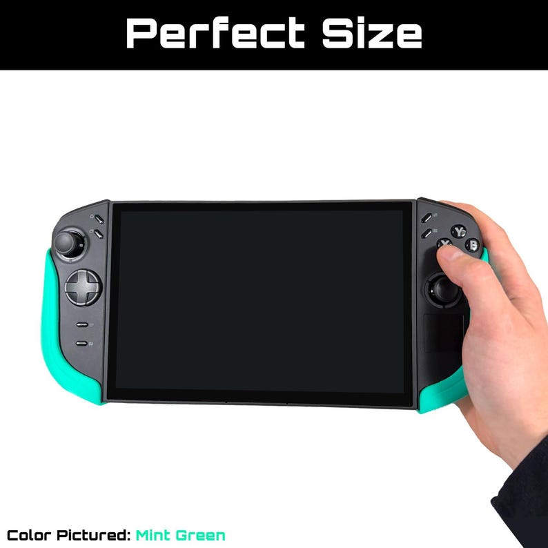 May include: A mint green and black handheld gaming console. The console has a black screen and black buttons. The text "Perfect Size" is at the top of the image. The text "Color Pictured: Mint Green" is at the bottom of the image.