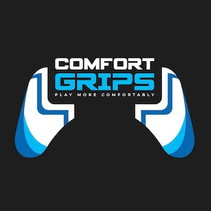 May include: A logo on a black background features a stylized gamepad shape in white and blue. The text "COMFORT GRIPS" is in white, with "GRIPS" in blue. Below, the text reads "PLAY MORE COMFORTABLY."