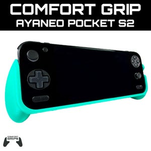 Pode incluir: Um dispositivo de jogos portátil AYANEO POCKET S2 preto com uma pega de conforto turquesa. O dispositivo possui um D-pad, botões e um ecrã. O texto "COMFORT GRIP" e "AYANEO POCKET S2" é exibido em branco no topo.