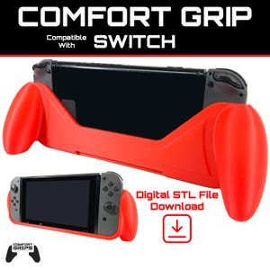 Puede incluir: Un Comfort Grip rojo para una consola Switch, con el texto "COMFORT GRIP" y "Compatible With SWITCH" en blanco. La imagen también muestra una consola Switch con el agarre adjunto y el texto "Digital STL File Download".
