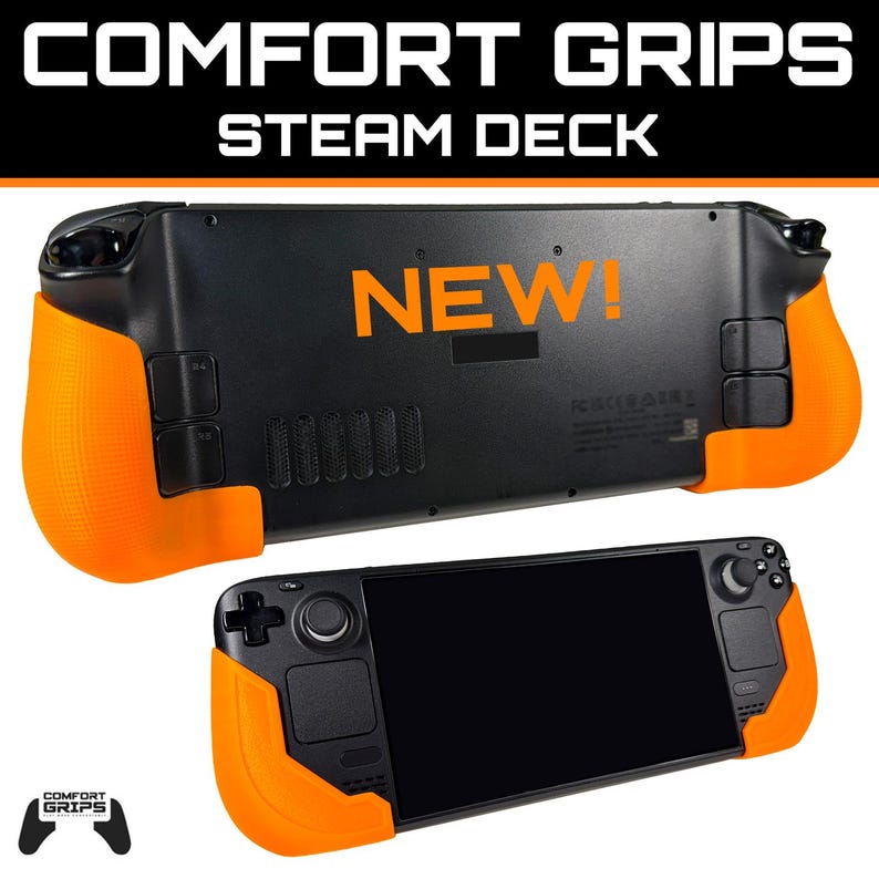 May include: Black Steam Deck console with orange Comfort Grips. The grips are on the back and sides of the console. The word "NEW!" is printed in orange on the back of the console. The words "COMFORT GRIPS STEAM DECK" are printed at the top of the image.