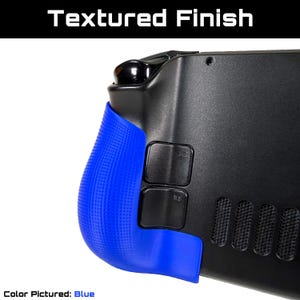 May include: Close-up of a black handheld gaming device with a textured blue grip. The text "Textured Finish" is displayed at the top. The text "Color Pictured: Blue" is at the bottom.