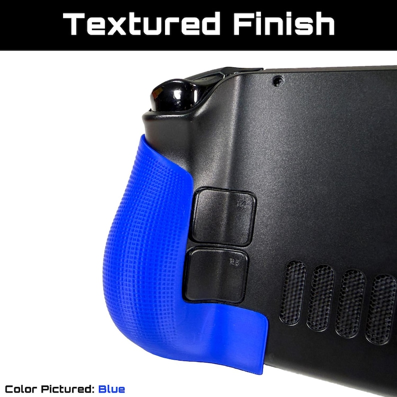 May include: Close-up of a black handheld gaming device with a textured blue grip. The text "Textured Finish" is displayed at the top. The text "Color Pictured: Blue" is at the bottom.
