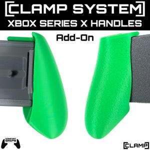May include: Bright green Xbox Series X handles, add-on accessories, are shown in a close-up shot. The text "CLAMP SYSTEM" and "XBOX SERIES X HANDLES" is displayed at the top. The words "Add-On" are also visible. The bottom left corner shows the words "COMFORT GRIPS".