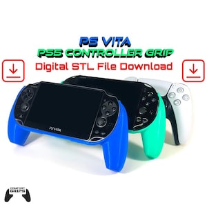 May include: Three PS Vita handheld gaming consoles with custom 3D printed grips. The grips are blue, green, and white. The image includes the text "PS Vita PS5 Controller Grip Digital STL File Download".