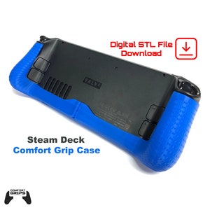 May include: A blue and black Steam Deck comfort grip case. The case has a textured grip and fits snugly around the device. The case is designed to provide a more comfortable grip for extended gaming sessions. The case is made of durable plastic and is easy to install and remove. The case is compatible with the Steam Deck.