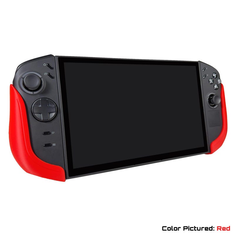 May include: A handheld gaming console with a black screen and red accents. The console features a black body with red grips on each side. It has a directional pad, buttons, and joysticks for gameplay. The text "Color Pictured: Red" is at the bottom.