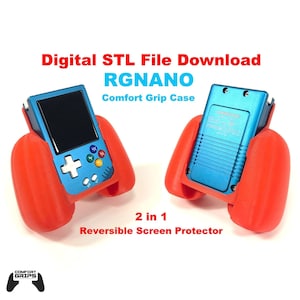 Puede incluir: Una funda roja impresa en 3D para un dispositivo de juego portátil azul. La funda tiene dos agarres en los lados y un protector de pantalla en la parte delantera. El texto "2 en 1 Protector de pantalla reversible" está impreso debajo del dispositivo.