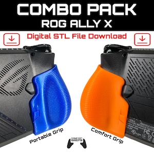 Könnte beinhalten: Kombi-Paket mit zwei 3D-druckbaren STL-Dateien für einen blauen tragbaren Griff und einen orangen Komfortgriff für das Handheld-Gaming-Gerät ROG Ally X. Digitaler Download.