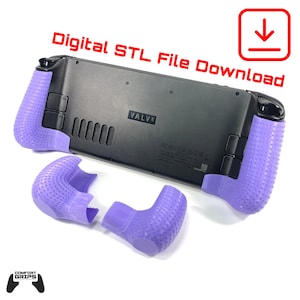 May include: Purple 3D printed grips for the Valve Steam Deck handheld gaming console. The grips are textured and designed to provide a more comfortable grip for the user. The image shows the grips attached to the Steam Deck, as well as the individual grips.