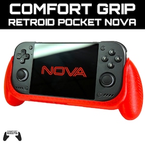 May include: A black handheld gaming console with a red textured comfort grip attachment. The screen displays the red text NOVA. Above the device, the text reads COMFORT GRIP RETROID POCKET NOVA. A small logo in the corner also says COMFORT GRIPS.