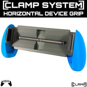 May include: A gray and blue horizontal device grip with the text "CLAMP SYSTEM HORIZONTAL DEVICE GRIP". The device has blue handles on each end and a spring mechanism in the center.
