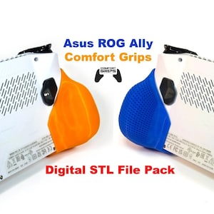 May include: A 3D printed orange and blue comfort grip for the Asus ROG Ally handheld gaming console. The grips are designed to improve comfort and control during gameplay. The image includes the text "Asus ROG Ally Comfort Grips" and "Digital STL File Pack".