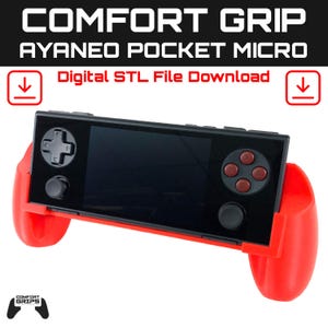 Puede incluir: Agarre rojo impreso en 3D para la consola de juegos portátil AYA NEO Pocket Micro. El agarre presenta un diseño cómodo con mangos texturizados y un icono de descarga digital. El texto "COMFORT GRIP AYA NEO POCKET MICRO Descarga de archivo STL digital" se muestra encima de la consola.