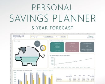 Personal Savings Planner Template | 5 Year Forecast | Auto Piggy Bank | Track & Achieve your Savings Goals | Spreadsheet | Digital Download