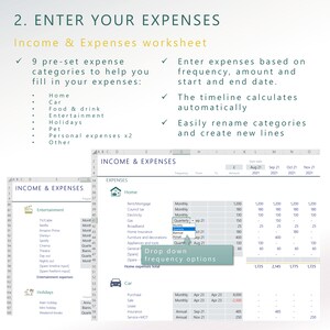 May include: A spreadsheet with a green header that reads "Income & Expenses worksheet". The spreadsheet is divided into two sections: "Income" and "Expenses". The "Expenses" section has a list of categories, including "Home", "Car", "Food & Drink", "Entertainment", "Holidays", "Pet", "Personal Expenses", and "Other". The spreadsheet also has a drop-down menu that allows users to select the frequency of their expenses, such as "Monthly", "Quarterly", "Annual", and "Bi-Annual".