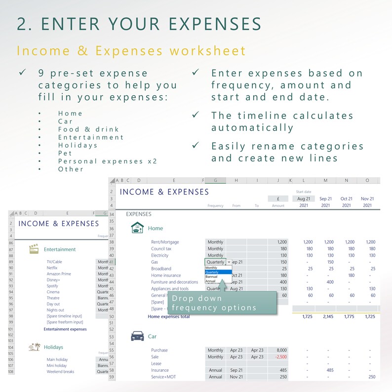 May include: A spreadsheet with a green header that reads "Income & Expenses worksheet". The spreadsheet is divided into two sections: "Income" and "Expenses". The "Expenses" section has a list of categories, including "Home", "Car", "Food & Drink", "Entertainment", "Holidays", "Pet", "Personal Expenses", and "Other". The spreadsheet also has a drop-down menu that allows users to select the frequency of their expenses, such as "Monthly", "Quarterly", "Annual", and "Bi-Annual".