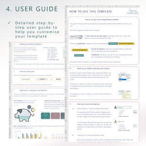 May include: A user guide for a joint savings planner template. The guide includes instructions on how to enter opening cash balances, set savings goals, and analyze savings plans. The template includes a dashboard and income & expenses worksheets. The guide also includes a section on customizing income and expense descriptions.